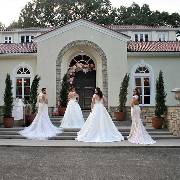 The bride and bridesmaids showing off their dresses.